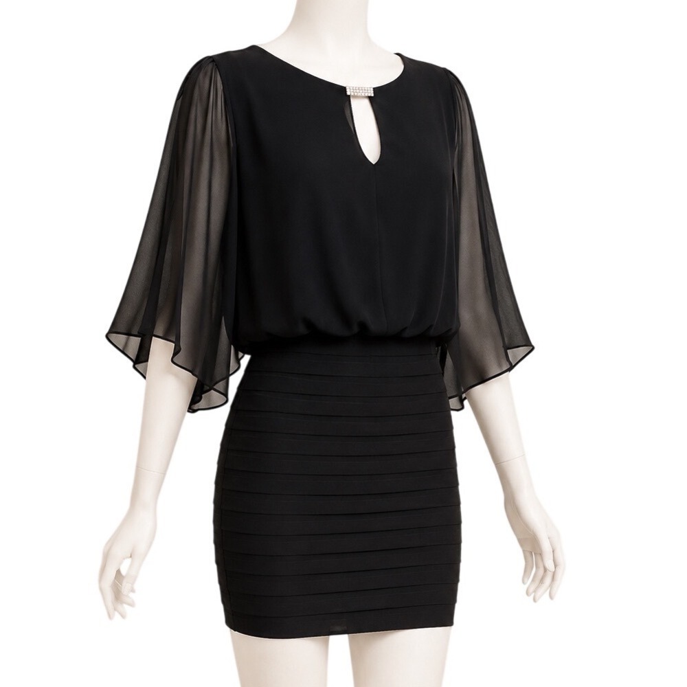 CACHE Sheer Cape Sleeve Bandage Cocktail Dress Rhinestone Keyhole Neck | Sz 4